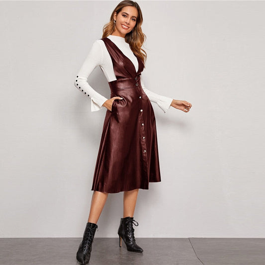 Plunging Neck Button Front PU Overall Dress Women Spring High Waist Sleeveless Fit and Flare Pinafore Elegant Long Dresses