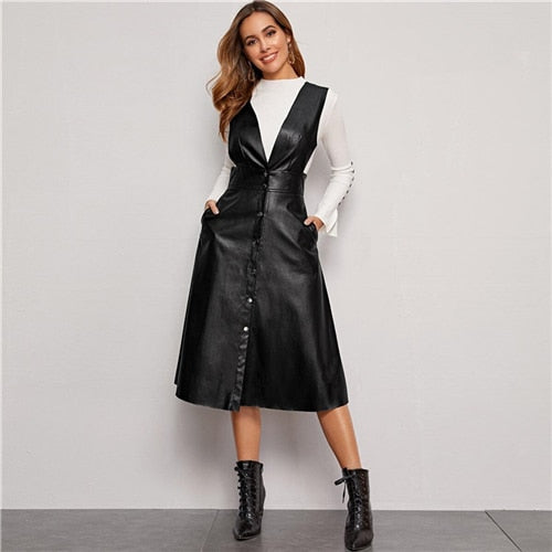 Plunging Neck Button Front PU Overall Dress Women Spring High Waist Sleeveless Fit and Flare Pinafore Elegant Long Dresses