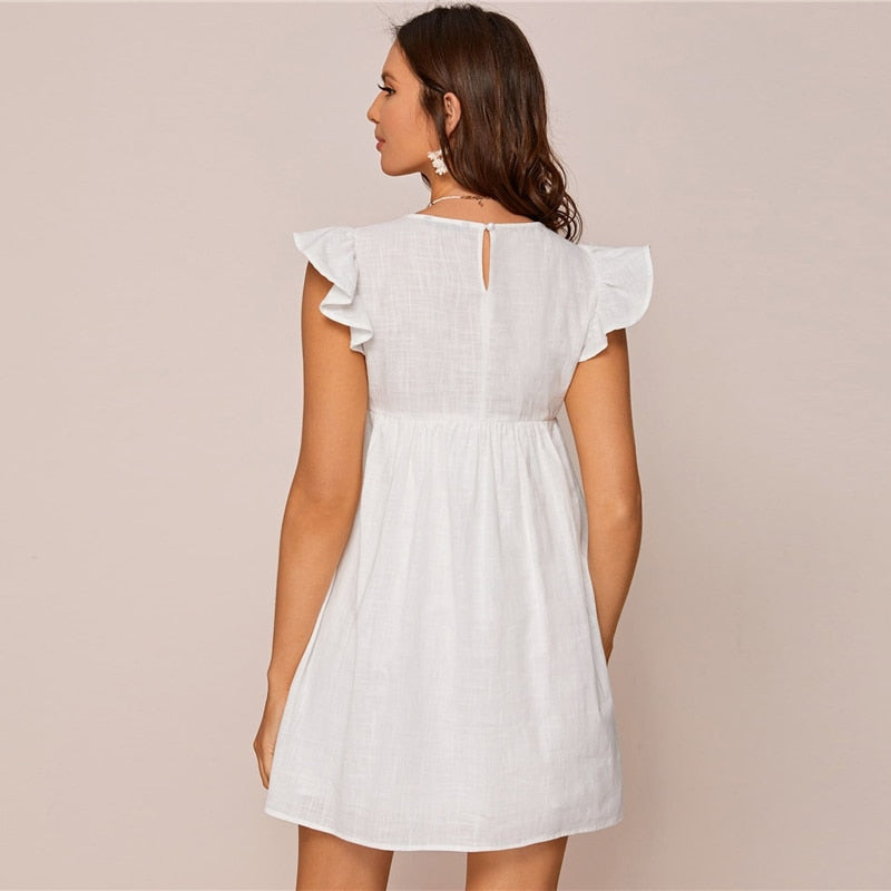 White Ruffle Armhole Embroidery Floral Smock Dress Women Summer High Waist Cap Sleeve Cute Boho Short Flared Dresses