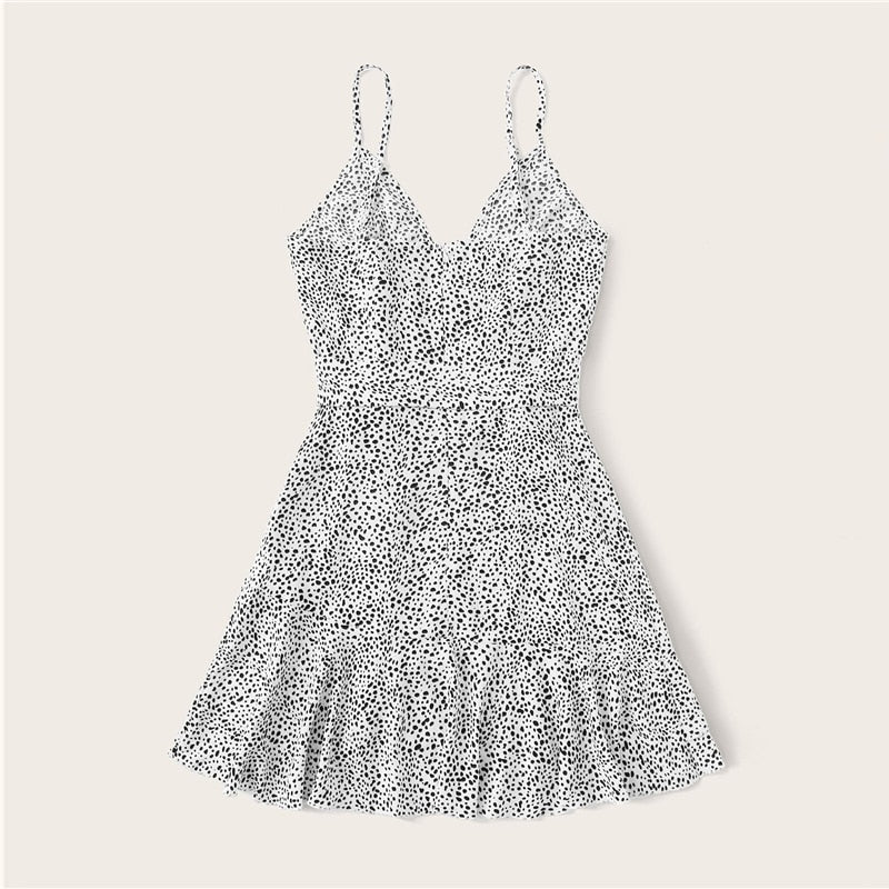 Surplice Wrap Belted Dalmatian Print Ruffle Hem Cami Dress Women Summer Asymmetrical Hem Boho Short Dresses