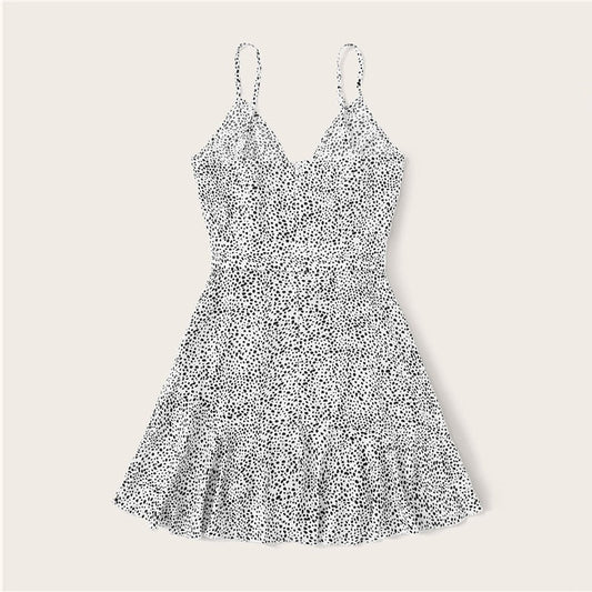 Surplice Wrap Belted Dalmatian Print Ruffle Hem Cami Dress Women Summer Asymmetrical Hem Boho Short Dresses