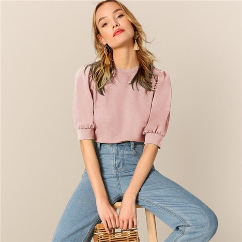 Ladies Casual Green Puff Sleeve Keyhole Back Solid Top And Blouse Workwear Half Sleeve Elegant Blouses