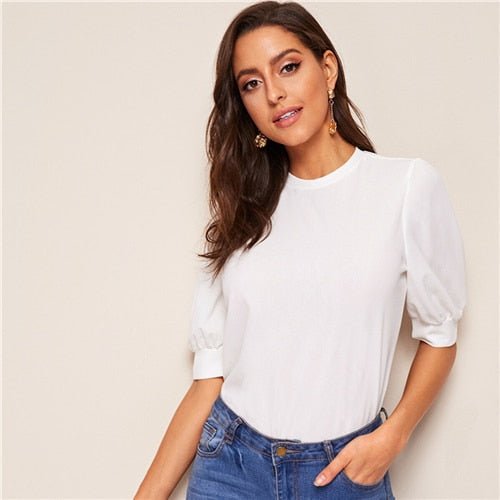 Ladies Casual Green Puff Sleeve Keyhole Back Solid Top And Blouse Workwear Half Sleeve Elegant Blouses