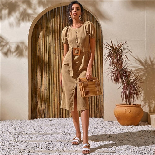White Puff Sleeve Single Breasted Split Hem Belted Dress Women Summer Short Sleeve O-neck Fitted Boho Long Dresses