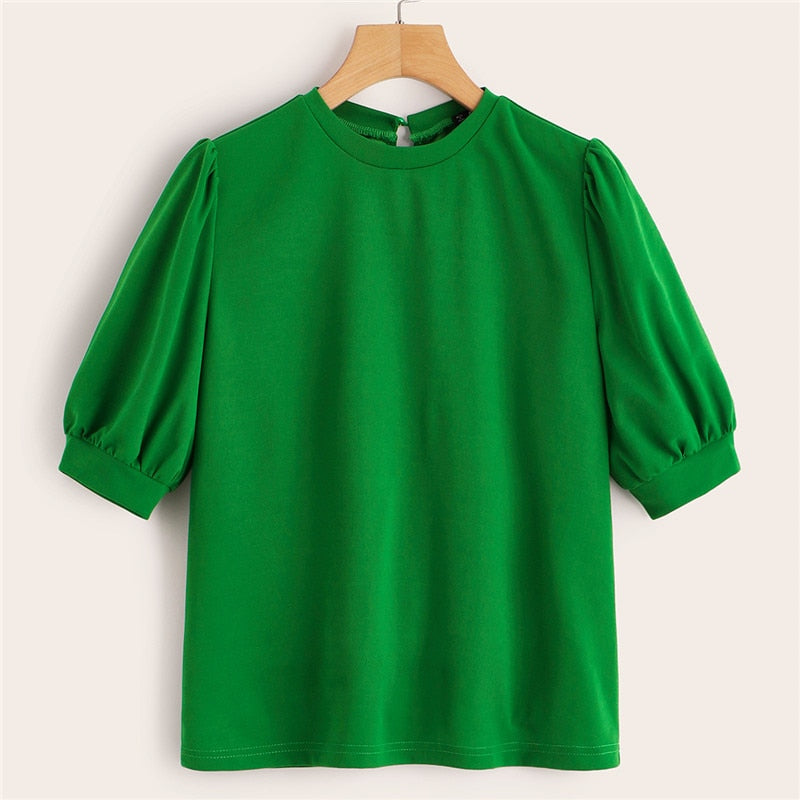 Ladies Casual Green Puff Sleeve Keyhole Back Solid Top And Blouse Workwear Half Sleeve Elegant Blouses