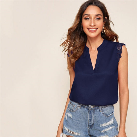 V-Placket Lace Trim Shell Top Elegant V neck Stand Collar Summer Sleeveless Womens Tops and Blouses