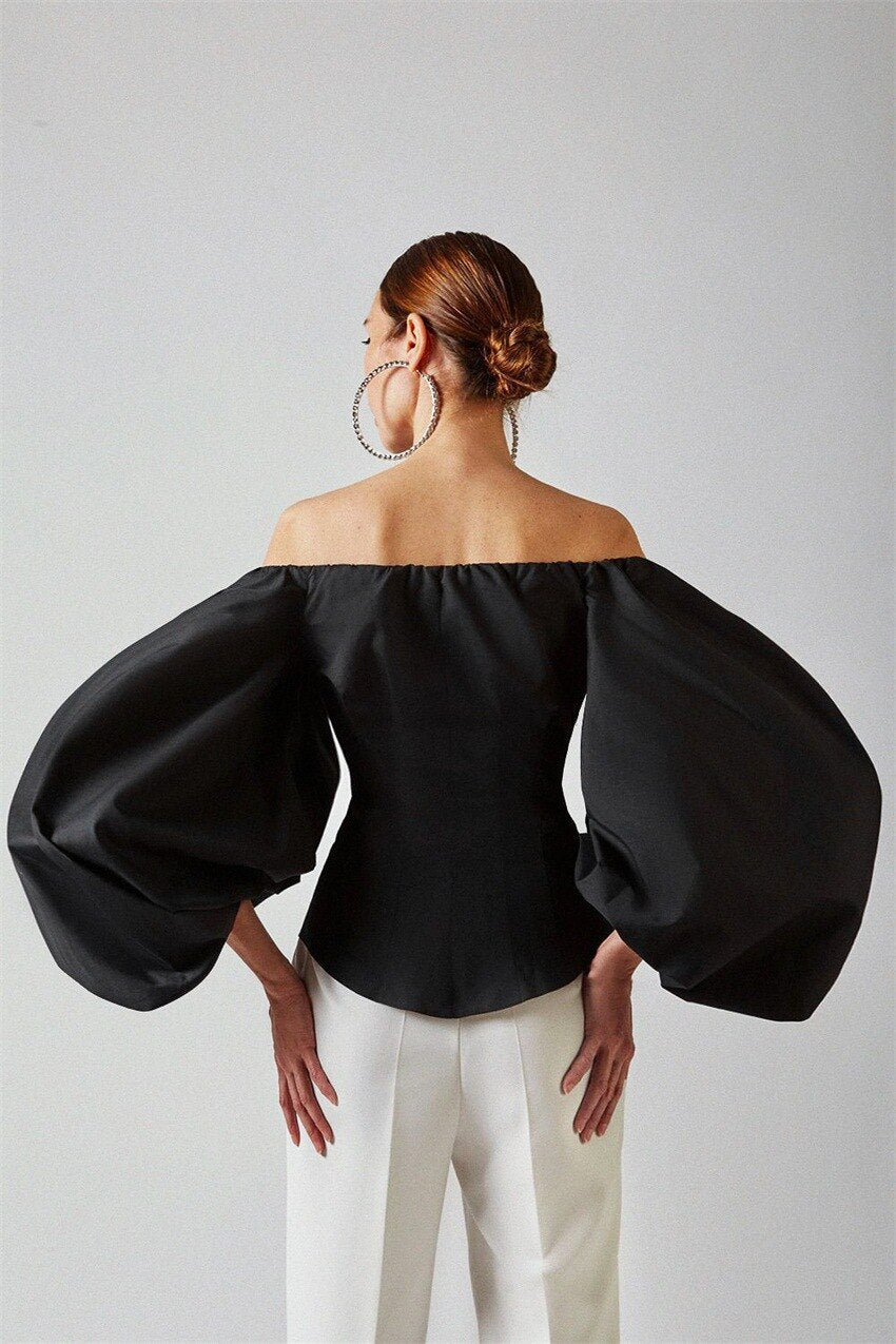 Women Sexy Party Off Shoulder Top Ladies White Black Shirt Cotton Bodycon Blouse Lantern Sleeve Elegant Khaki Blouse