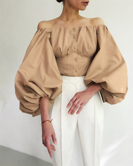 Women Sexy Party Off Shoulder Top Ladies White Black Shirt Cotton Bodycon Blouse Lantern Sleeve Elegant Khaki Blouse