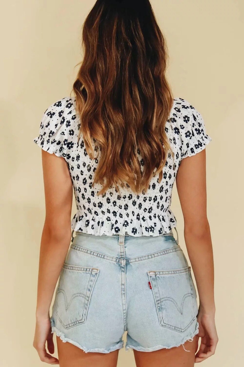 Navy Floral Print Summer Cotton Blouses Women Casual Back Elastic Short Sleeve Cropped Shirt Cool Girls Streetwear Tops