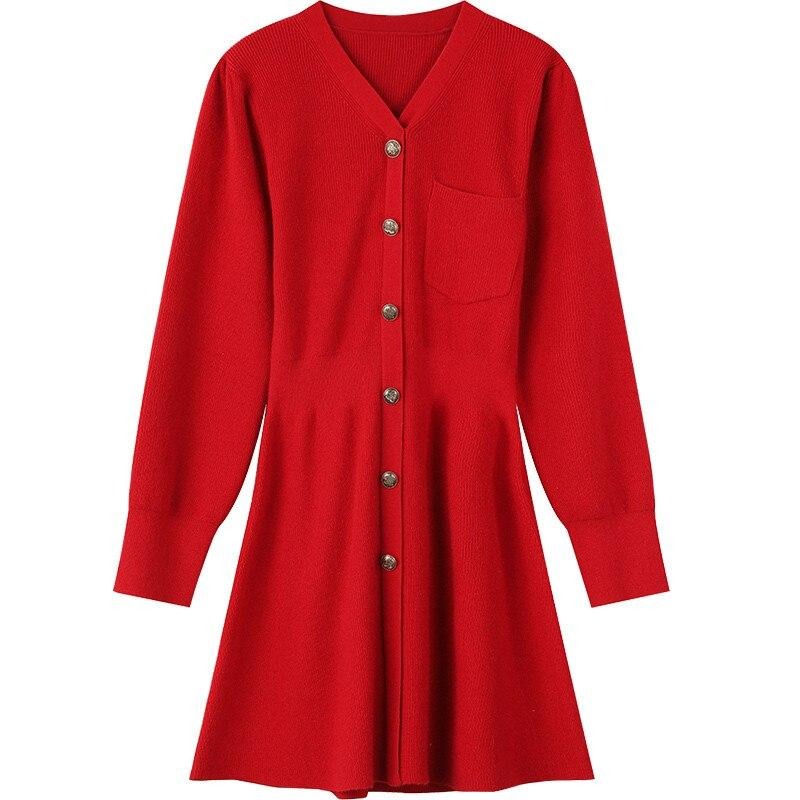 Solid Pure High Waist Casual Knit Women Mini Dress,Spring ELF Vintage Chic Button Korean Female Party Dresses