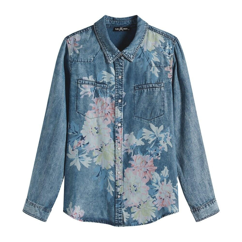 Women's Blouses Plus Size Denim Tops Shirt Summer Shirt Casual Sleeve Shirt Printed Woven Denim Long Sleeve Blouses