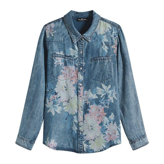 Women's Blouses Plus Size Denim Tops Shirt Summer Shirt Casual Sleeve Shirt Printed Woven Denim Long Sleeve Blouses