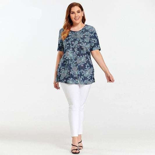 Women's Blouses Plus Size Denim Tops Shirt Summer Shirt Casual Sleeve Shirt Printed Woven Denim Short Sleeve with Sashes