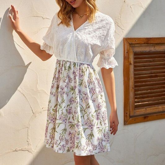A Line Dresses Summer Women Cotton Patchwork Swing Dress Short Sleeve V-Neck Elastic Waist Knee Length Lady Young Floral Dress