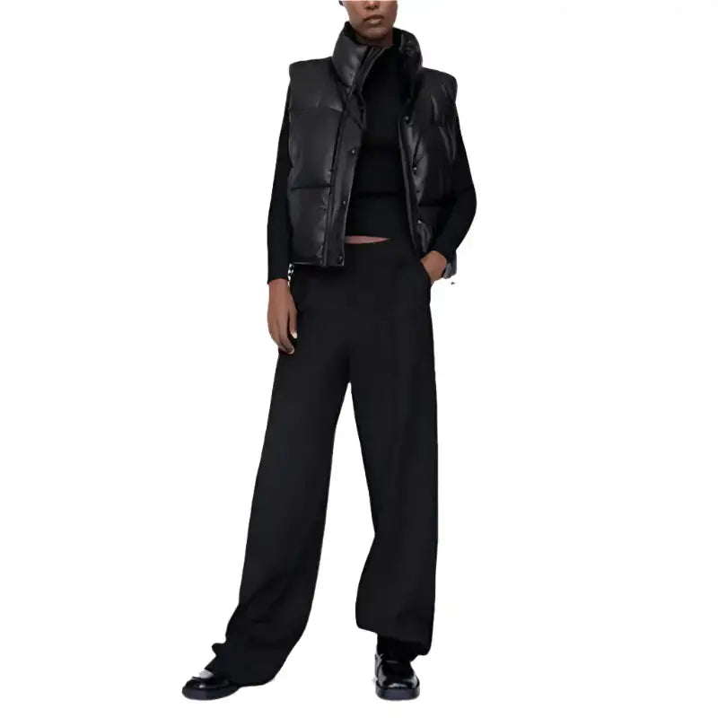 Women’s Black Leather Puffer Vest