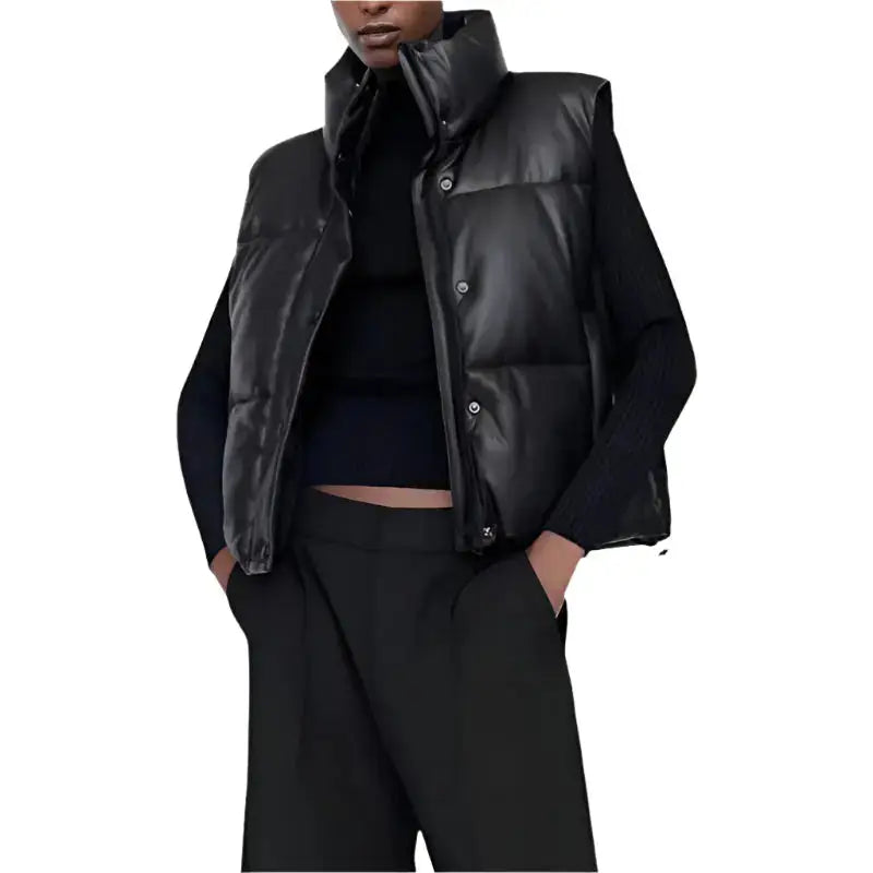 Women’s Black Leather Puffer Vest