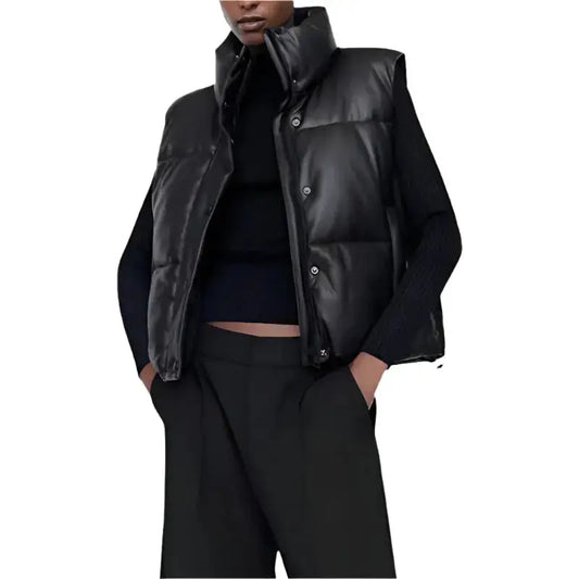 Women’s Black Leather Puffer Vest