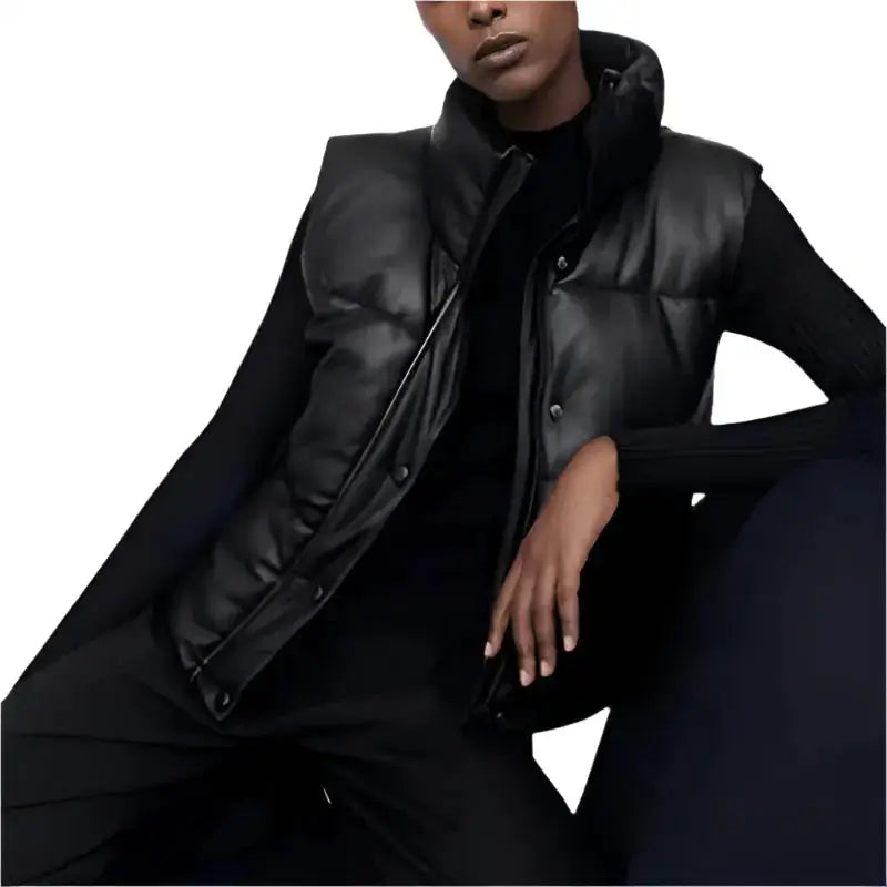 Women’s Black Leather Puffer Vest