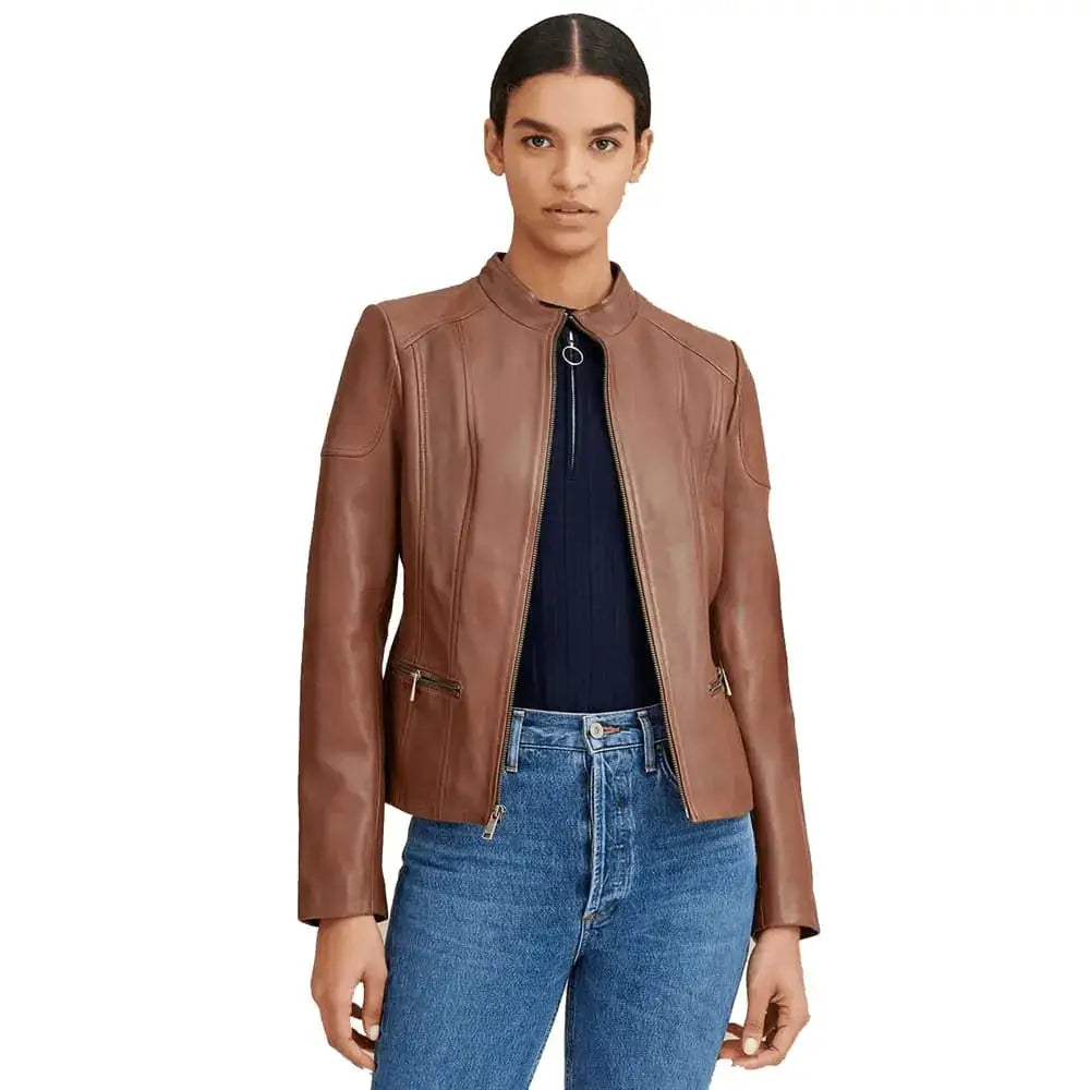 Women’s Brown Leather Biker Jacket – Mandarin Collar Style