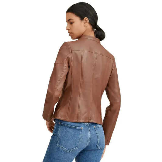 Women’s Brown Leather Biker Jacket – Mandarin Collar Style