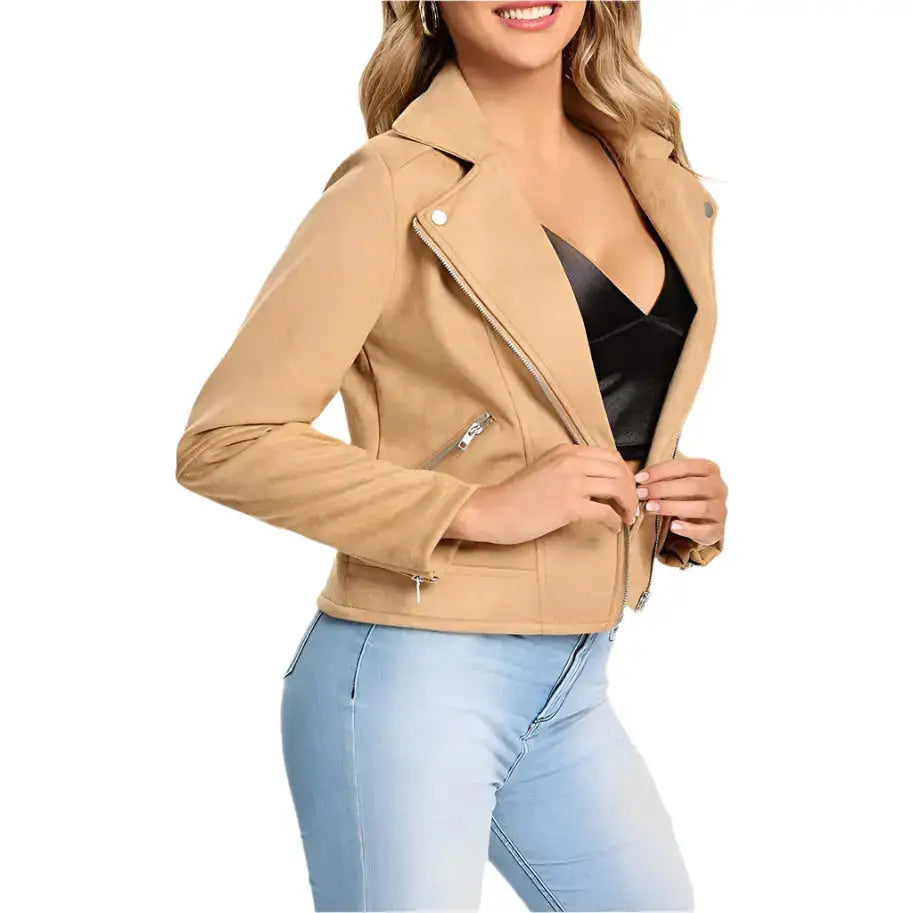 Women’s Camel Suede Leather Motorcycle Biker Jacket