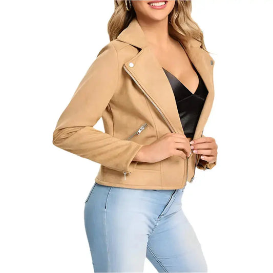 Women’s Camel Suede Leather Motorcycle Biker Jacket