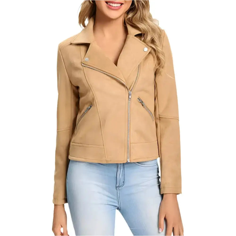 Women’s Camel Suede Leather Motorcycle Biker Jacket
