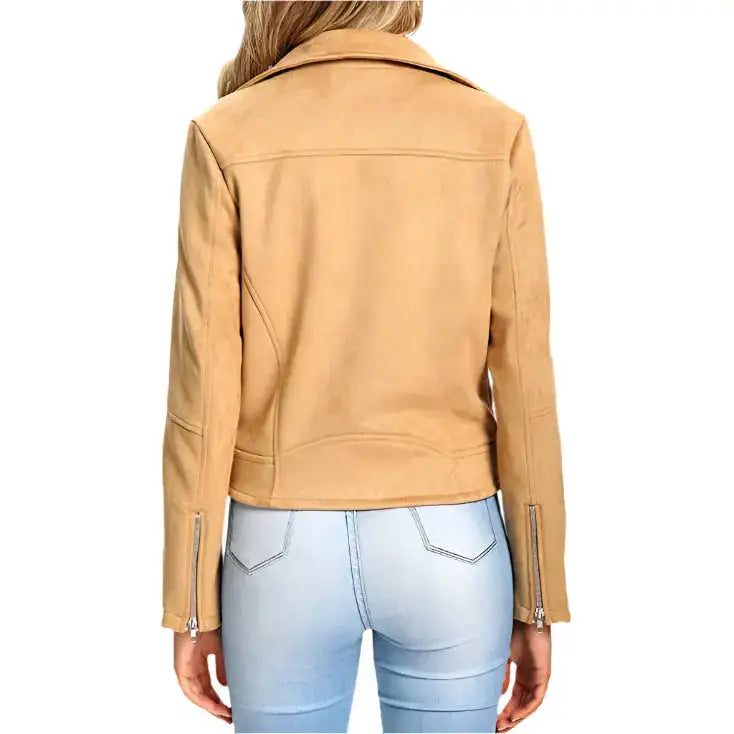 Women’s Camel Suede Leather Motorcycle Biker Jacket