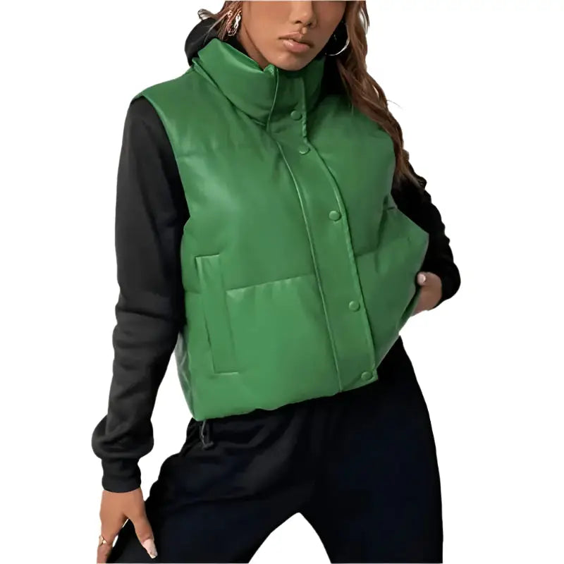 Women’s Green Puffer Leather Vest