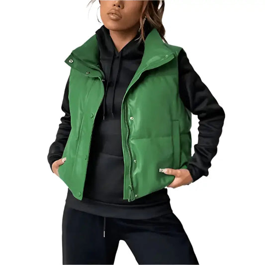 Women’s Green Puffer Leather Vest