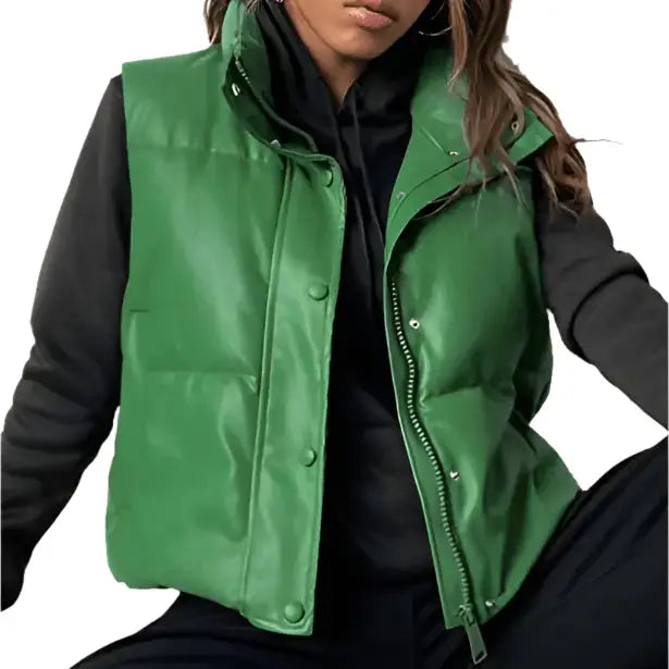 Women’s Green Puffer Leather Vest