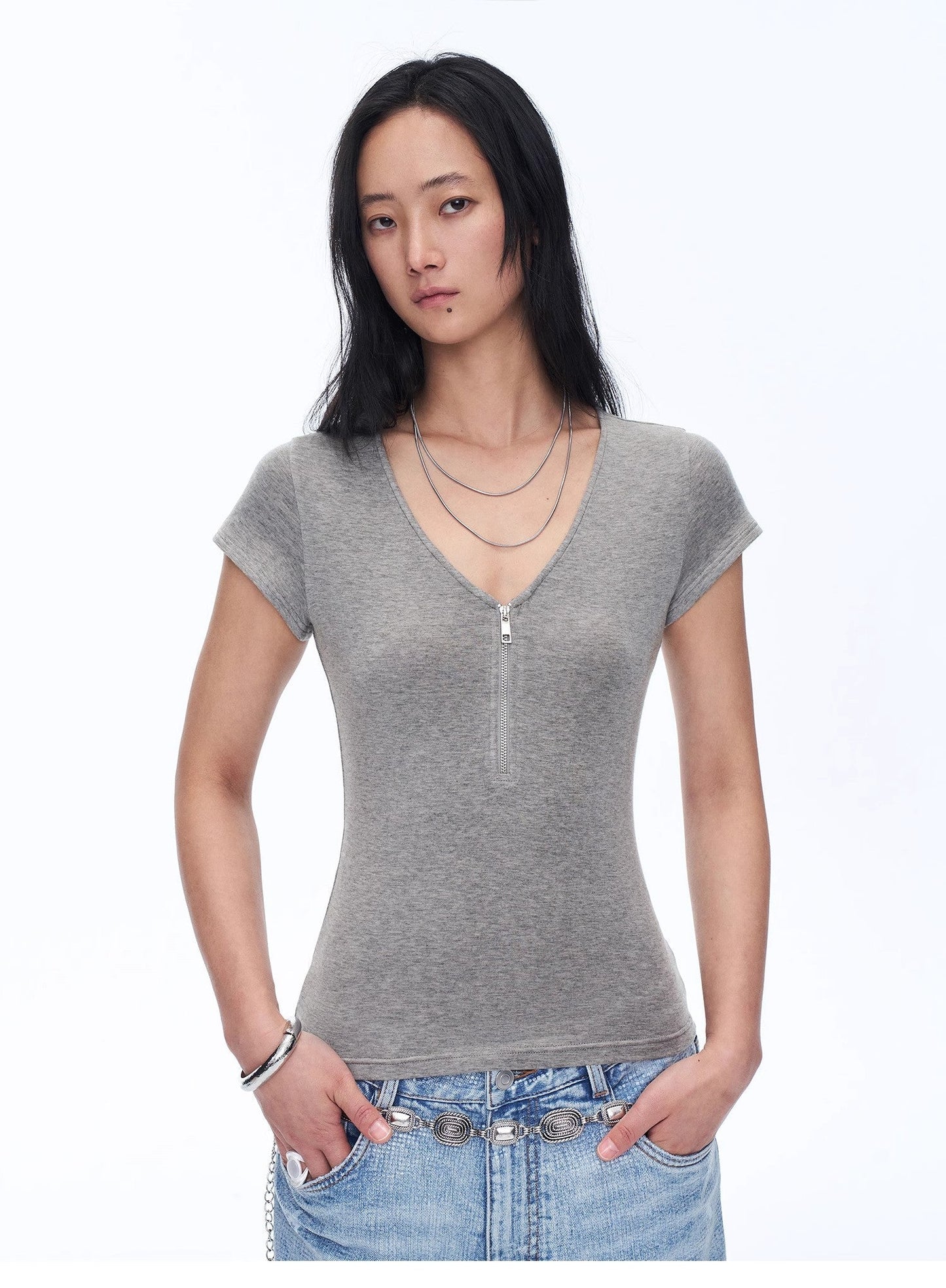 Women's Loose Australian Wool Tencel Deep V-neck Zipper Short Sleeve Tops T-shirt"Tunic Blouses Simple Color Silent Film"