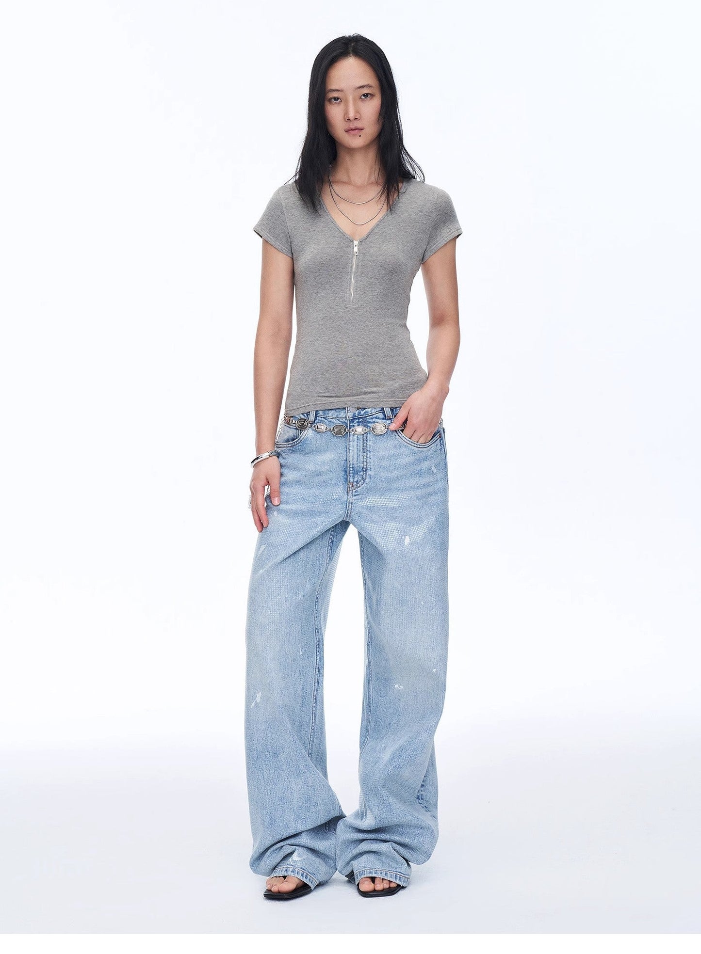 Women's Loose Australian Wool Tencel Deep V-neck Zipper Short Sleeve Tops T-shirt"Tunic Blouses Simple Color Silent Film"