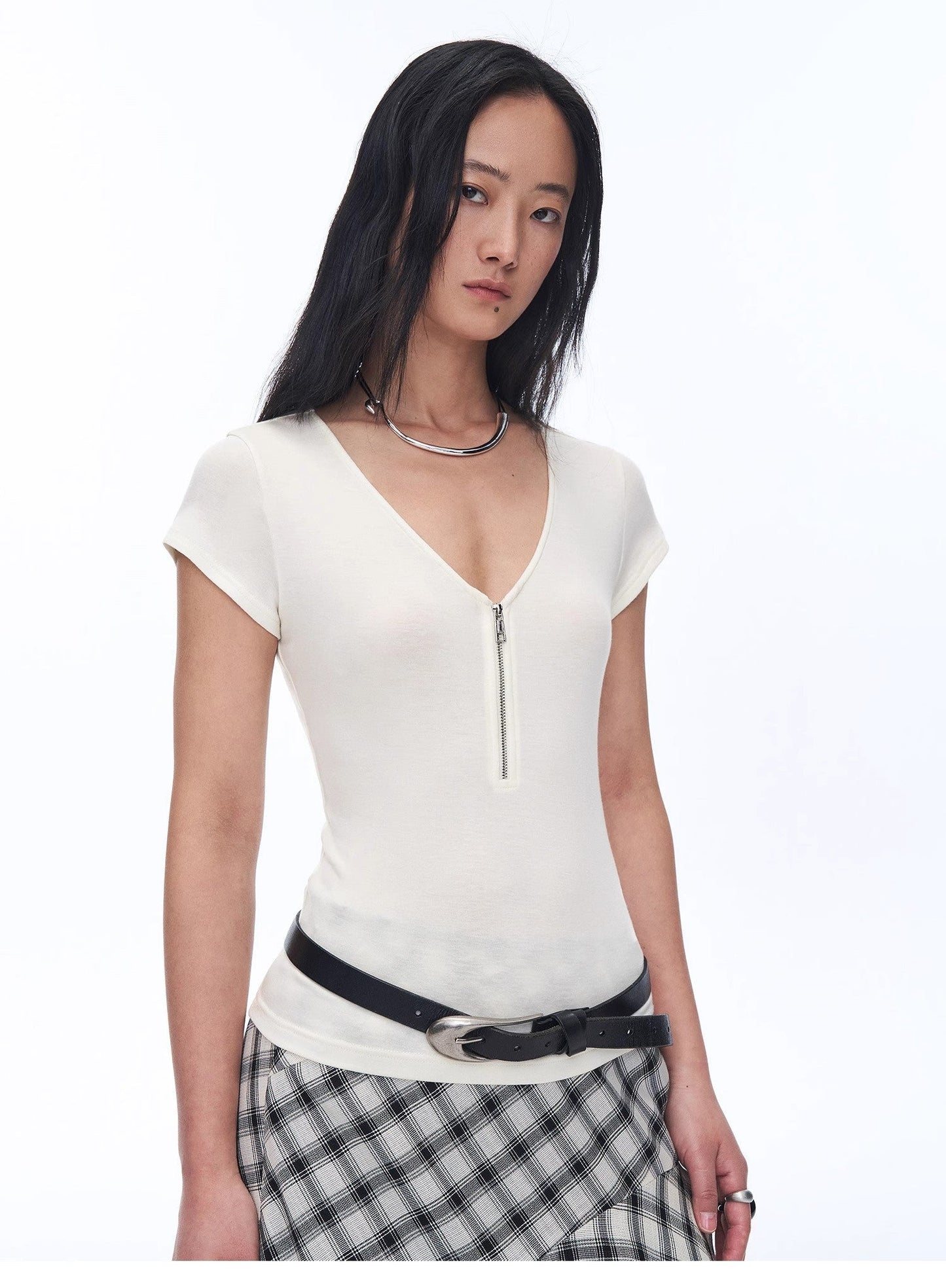 Women's Loose Australian Wool Tencel Deep V-neck Zipper Short Sleeve Tops T-shirt"Tunic Blouses Simple Color Silent Film"