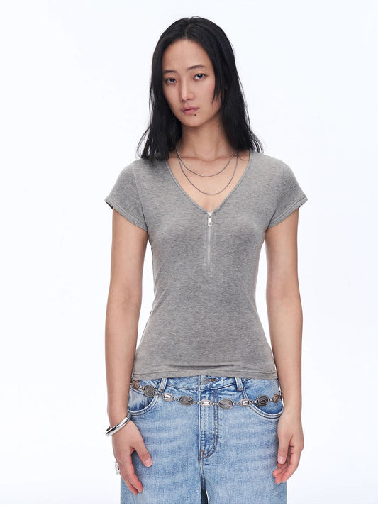 Women's Loose Australian Wool Tencel Deep V-neck Zipper Short Sleeve Tops T-shirt"Tunic Blouses Simple Color Silent Film"