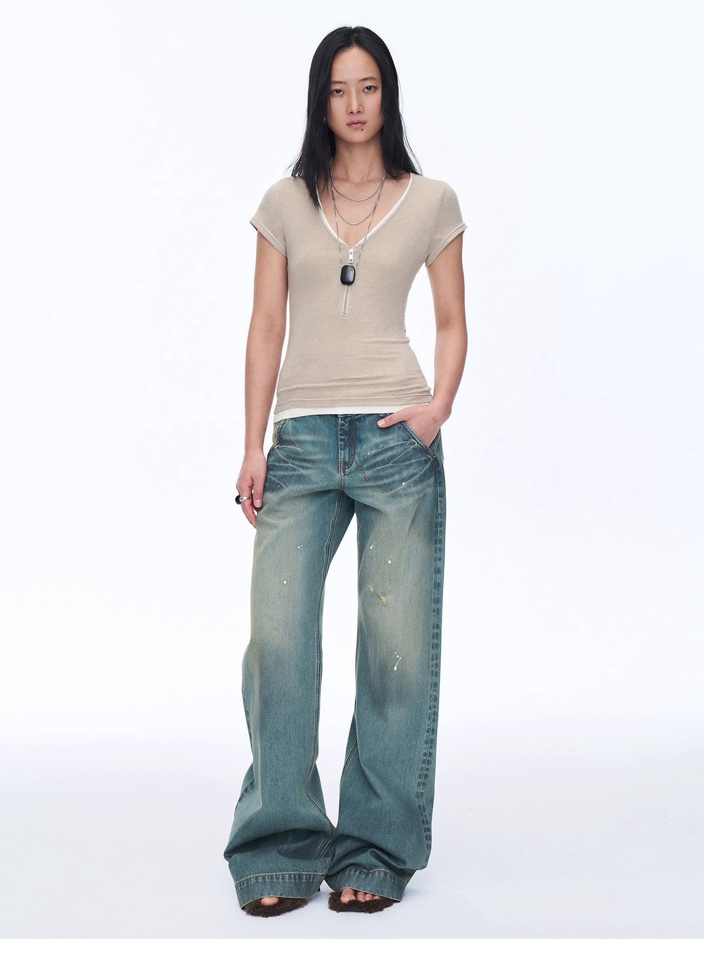 Women's Loose Australian Wool Tencel Deep V-neck Zipper Short Sleeve Tops T-shirt"Tunic Blouses Simple Color Silent Film"