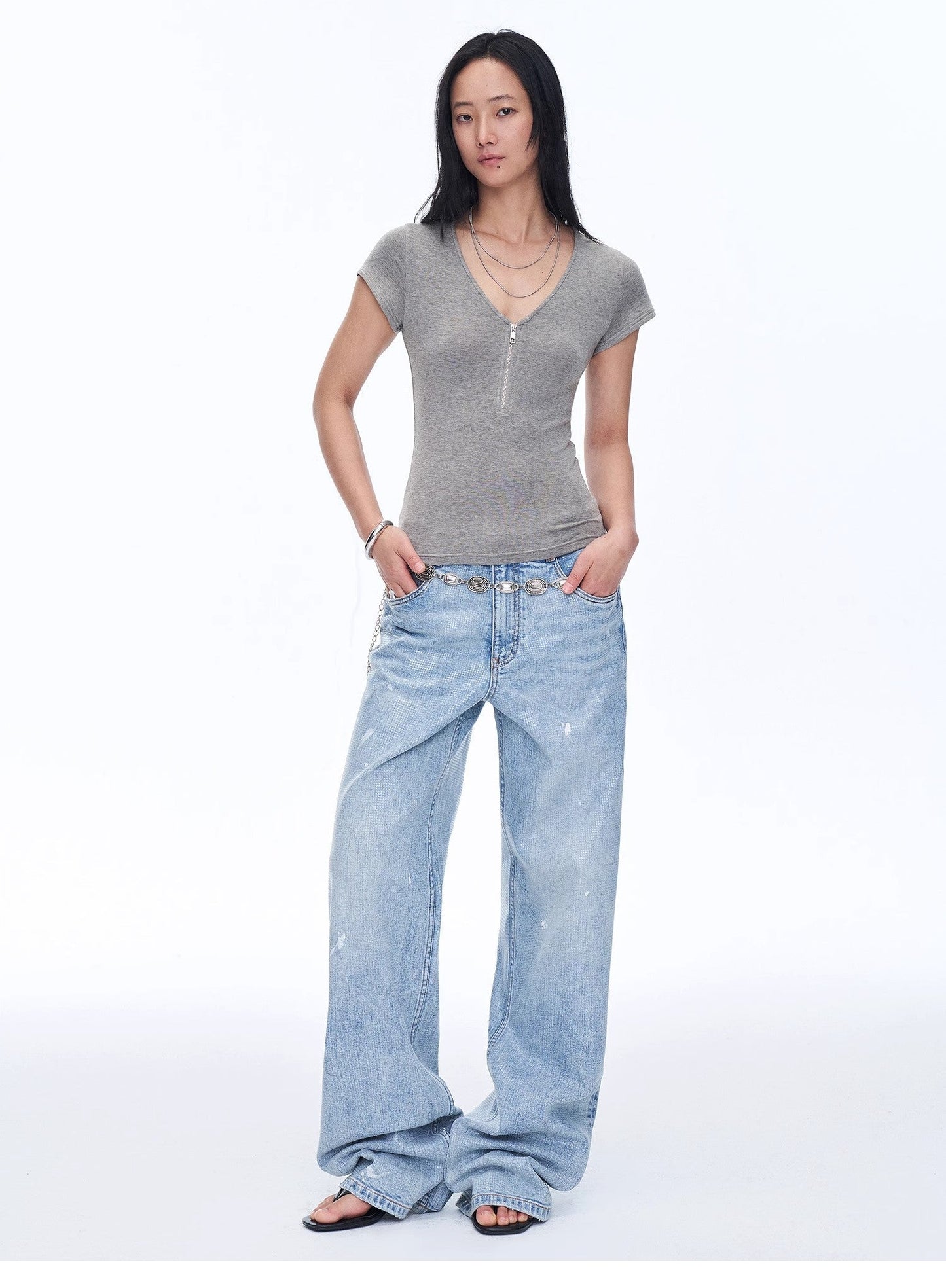 Women's Loose Australian Wool Tencel Deep V-neck Zipper Short Sleeve Tops T-shirt"Tunic Blouses Simple Color Silent Film"