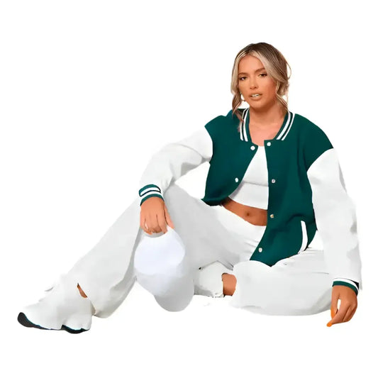 Women's Sea Green Varsity Leather Bomber Jacket