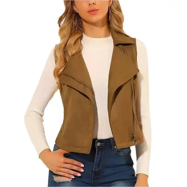 Women’s Tan Brown Suede Leather Biker Vest